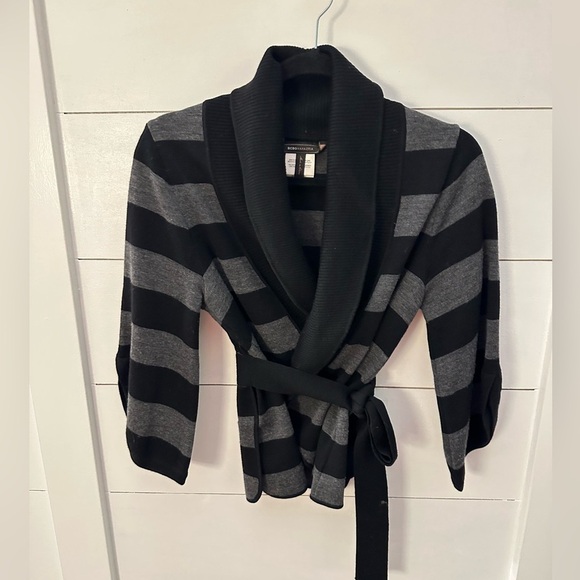 BCBGMAXARIA Woman S wrap stripe cardigan wool black grey gorpcore quiet luxury - Picture 1 of 10